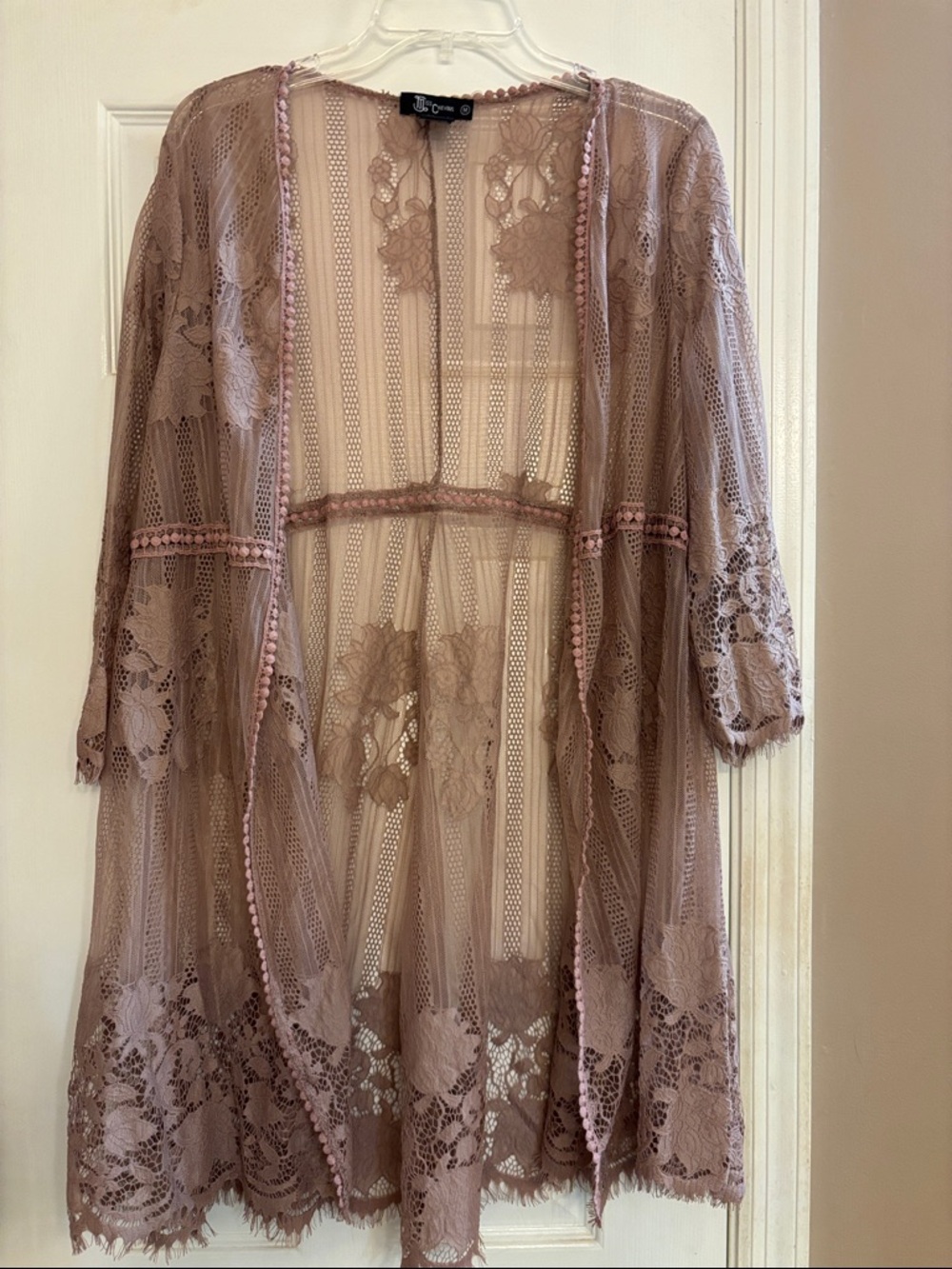 Miss Chievous Sheer Lace cardigan in Mauve Taupe Med
